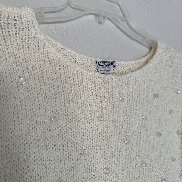 Vintage Sweater Vtg 70s 80s Cream Round Neck Embellishment Pullover Women’s Sz L - Picture 6 of 11